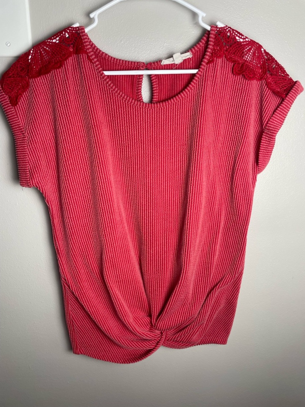 Women’s Lace-Shoulder Knot Front Short Sleeve Top